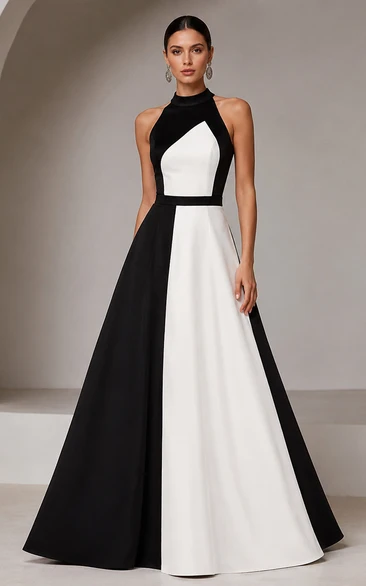 A-Line Satin Evening Dress with Halter, Sleeveless and Color Block Pleats, Floor Length