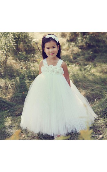 Beading Flower Bodice Empire Tulle Ball Gown With Ruffles