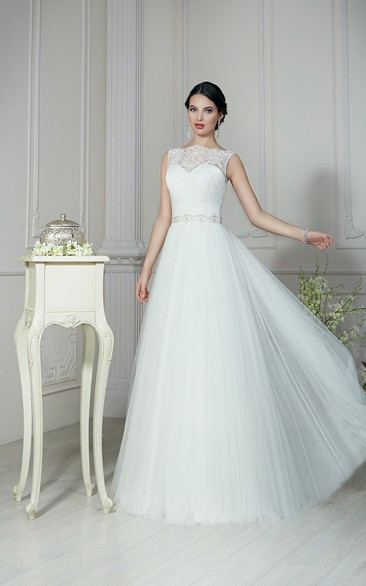 A-Line Floor-Length Bateau-Neck Sleeveless Keyhole Tulle Dress With Beading And Pleatings