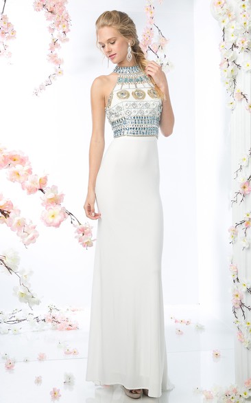 Sheath Long High Neck Sleeveless Jersey Keyhole Dress With Crystal Detailing