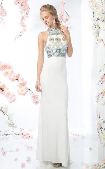 Sheath Long High Neck Sleeveless Jersey Keyhole Dress With Crystal Detailing