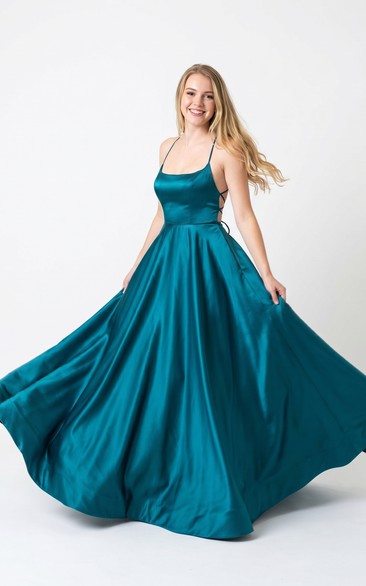 Peacock Satin Ball Gown A-Line Prom Dress with Spaghetti Straps and Lace-Up Back