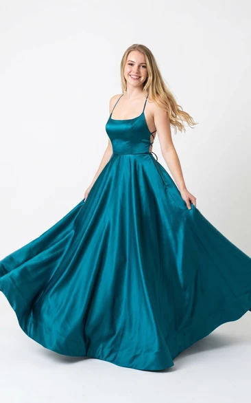 Peacock Satin Ball Gown A-Line Prom Dress with Spaghetti Straps and Lace-Up Back