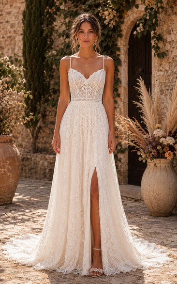 Sexy A-Line Wedding Dress Sleeveless V-Neck Tulle Lace Applique Split Front Floor Length Chapel Train Ivory