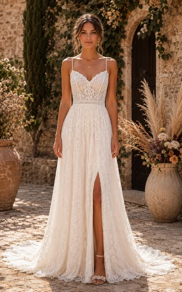 Sexy A-Line Wedding Dress Sleeveless V-Neck Tulle Lace Applique Split Front Floor Length Chapel Train Ivory