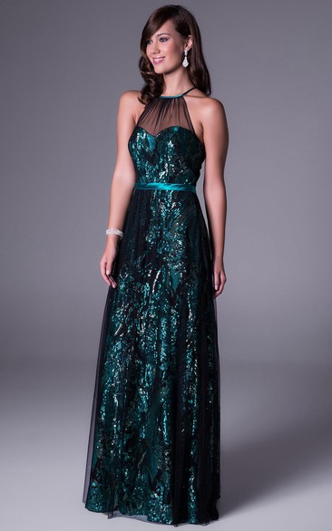 A-Line Sleeveless Floor-Length Scoop-Neck Sequins Prom Dress