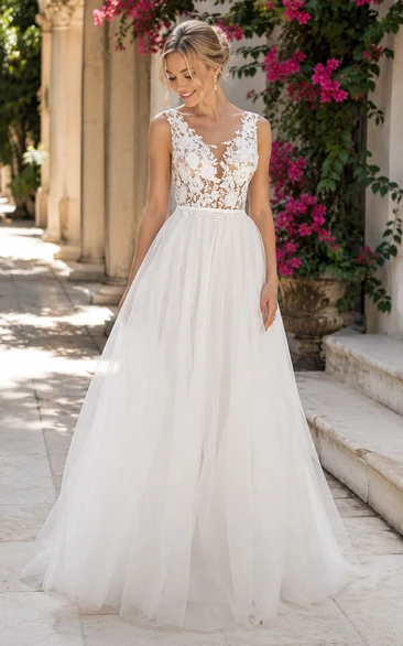 White V-Neck Lace Bodice Tulle A-Line Wedding Dress