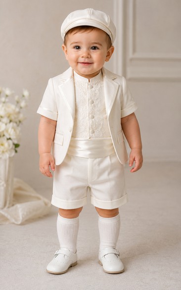 Baby Boy Christening Two Piece Suit Long Sleeve Satin Baptism Outfit in White