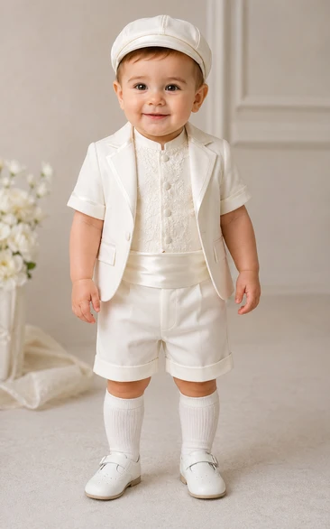 Baby Boy Christening Two Piece Suit Long Sleeve Satin Baptism Outfit in White