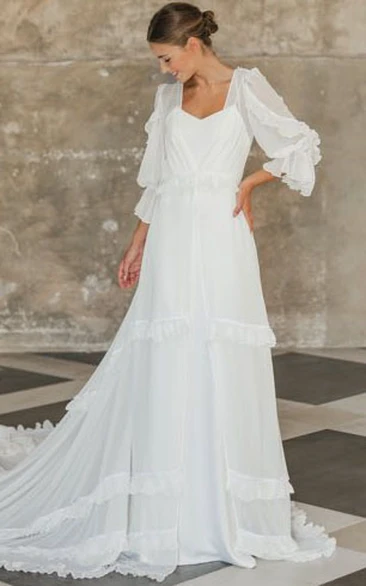 Flowy Poet Long Sleeve Chiffon Ethereal Tiered Court Train Wedding Dress