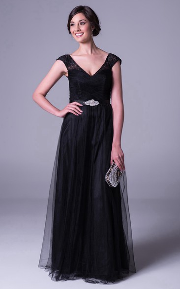 Sheath V-Neck Cap-Sleeve Maxi Lace Tulle Bridesmaid Dress With Waist Jewellery