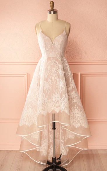 Lace High-Low A Line Sleeveless Vintage Formal Short Bridal Dress with Flowers