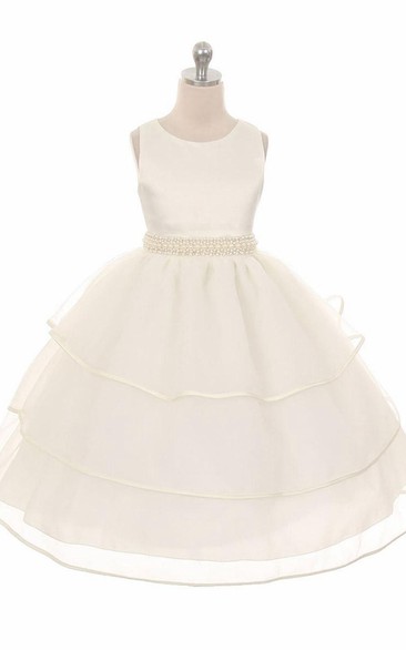 Tea-Length Beaded Sleeveless Organza&Satin Flower Girl Dress