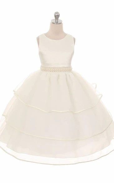 Tea-Length Beaded Sleeveless Organza&Satin Flower Girl Dress