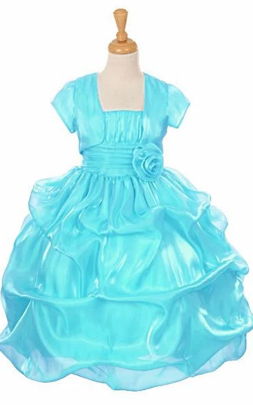 Spaghetti Tea-Length Bolero Ruched Organza&Satin Flower Girl Dress With Pick Up