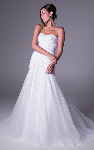 A-Line Long Sweetheart Beaded Tulle Wedding Dress With Ruching And V Back