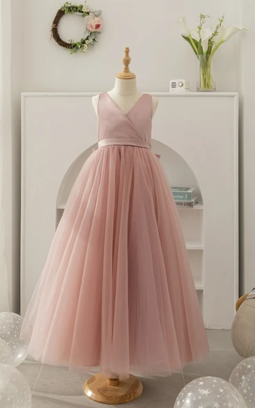 Water Melon V-neck Sleeveless A-line Tulle Pleated Flowergirl Dress