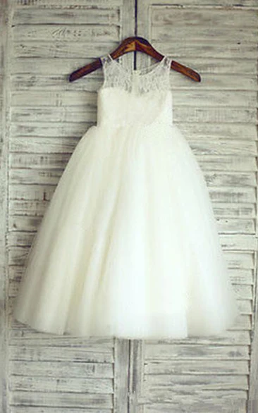 Lovely Lace Tulle Short Flower Girl Dress Illusion Sleeveless