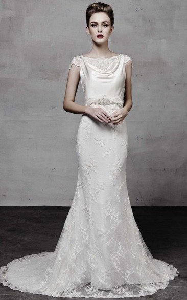 Floor-Length Cowl Appliqued Cap-Sleeve Lace Vintage Wedding Dress With Beading