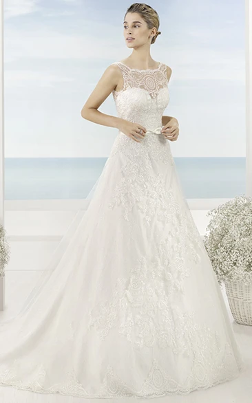 A-Line Sleeveless Bateau Appliqued Maxi Lace&Satin Wedding Dress With Chapel Train And Deep-V Back