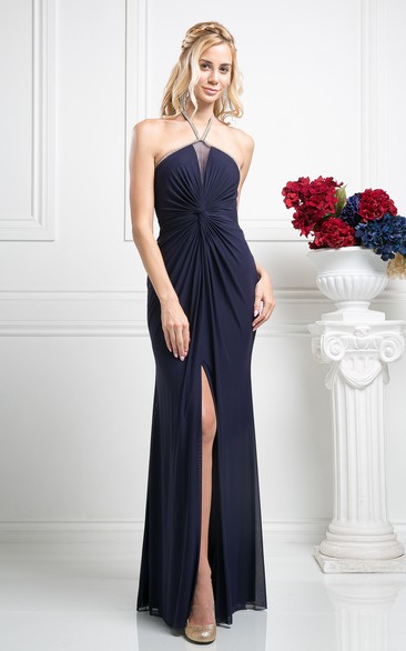 Sheath Maxi Halter Sleeveless Chiffon Dress With Split Front And Draping