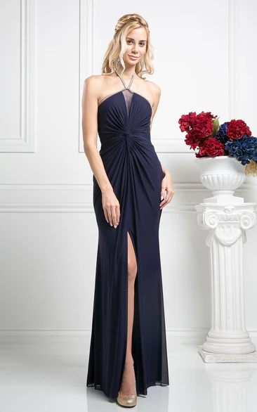 Sheath Maxi Halter Sleeveless Chiffon Dress With Split Front And Draping