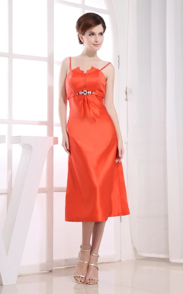Chic Sleeveless Tea-Length Satin Dress With Beading