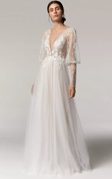 Plunged Illusion Puff Long Sleeve Tulle A-line Boho Wedding Dress with Sweep Train