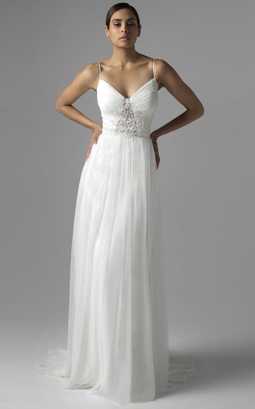 Spaghetti Floor-Length Beaded Chiffon Wedding Dress With Brush Train And V Back