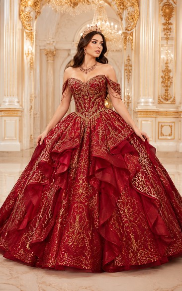 Robe de bal rouge et or brodée, robe de quinceañera avec jupe à volants
