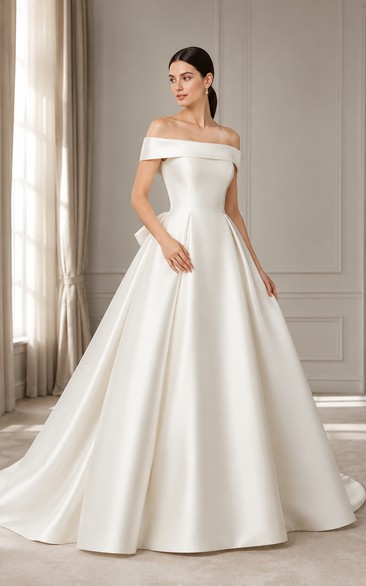 Wedding Ball Gown Satin Dress with Off-Shoulder Neckline and Back Bow Train