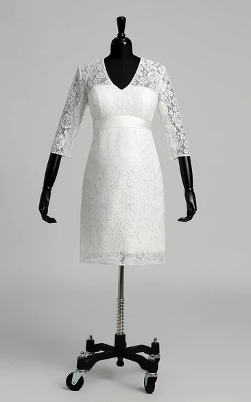 A-line V-neck Illusion 3/4 Length Sleeve Knee-length Lace Maternity Wedding Dress