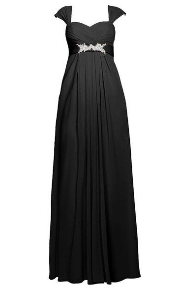 Cap-sleeved Long Pleated Gown With Empire Waist