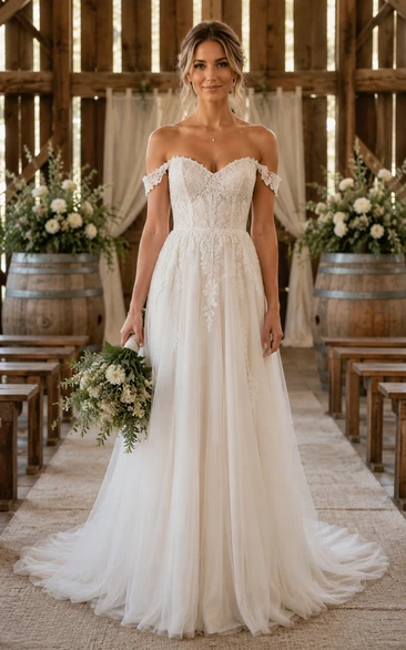 Off-the-Shoulder A-Line Country Wedding Dress with Lace Bodice and Tulle Skirt