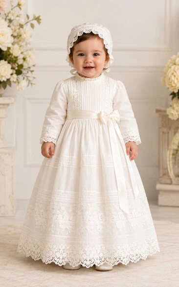 Baby Christening Gown Modest A-Line Long Sleeve Tulle Lace Floor-Length with Bonnet in Cream