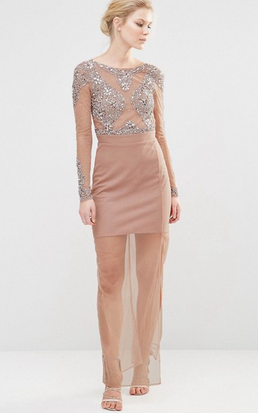 Long-Sleeve Scoop-Neck Chiffon Bridesmaid Dress With Beading