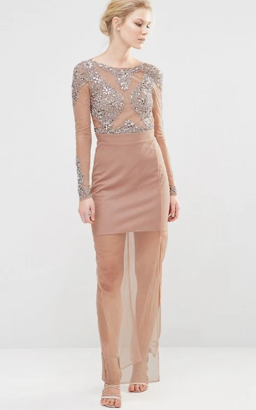 Long-Sleeve Scoop-Neck Chiffon Bridesmaid Dress With Beading