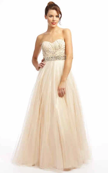 A-Line Sweetheart Beaded Sleeveless Floor-Length Tulle Prom Dress With Waist Jewellery