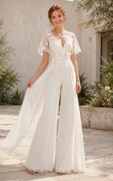 White Short Sleeve Lace Bridal Jumpsuit with Overlay Skirt