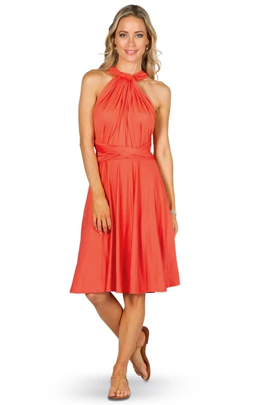 Knee-Length Halter Sleeveless Chiffon Convertible Bridesmaid Dress With Ruching And Straps