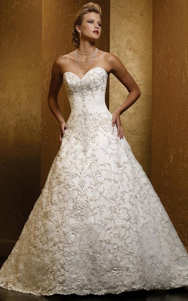 A-Line Sweetheart Long Satin Wedding Dress With Embroidery And Corset Back