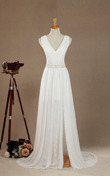 Maxi V-Neck Chiffon Lace Satin Weddig Vow Renewal Dress With Low-V Back