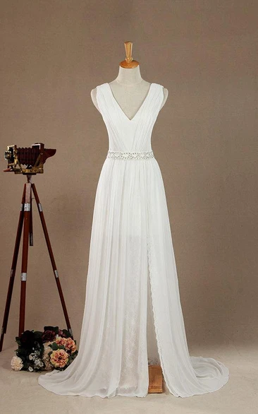 Maxi V-Neck Chiffon Lace Satin Weddig Vow Renewal Dress With Low-V Back