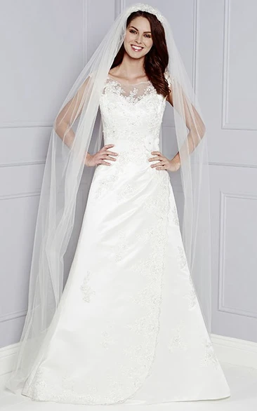 A-Line Cap-Sleeve Appliqued Bateau-Neck Maxi Taffeta Wedding Dress