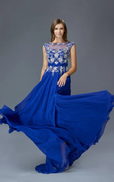 A-Line Bateau Cap-Sleeve Chiffon Dress With Appliques And Pleats