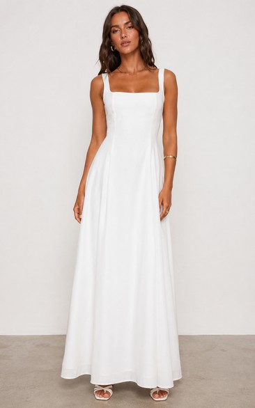 Simple Satin Dress in White, Square, Straps A-Line Ankle-Length Gown with Pleats
