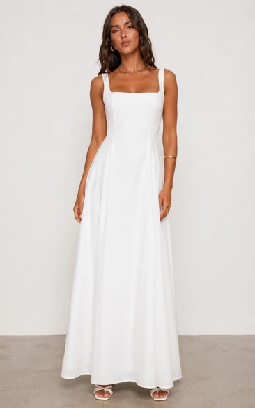 Simple Satin Dress in White, Square, Straps A-Line Ankle-Length Gown with Pleats
