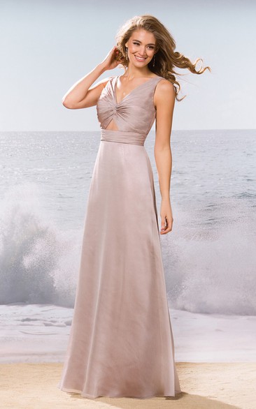 Sleeveless V-Neck Long Bridesmaid Dress With Keyhole And Ruches