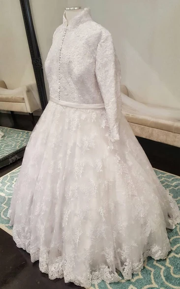 Long Sleeve High Neck A-Line Lace Dress With Slime Satin Belt