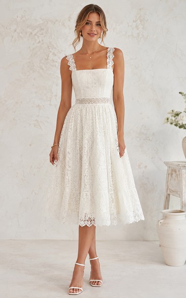 Vintage Summer A-Line Wedding Dress Sleeveless Square Neck Lace Tea-Length White